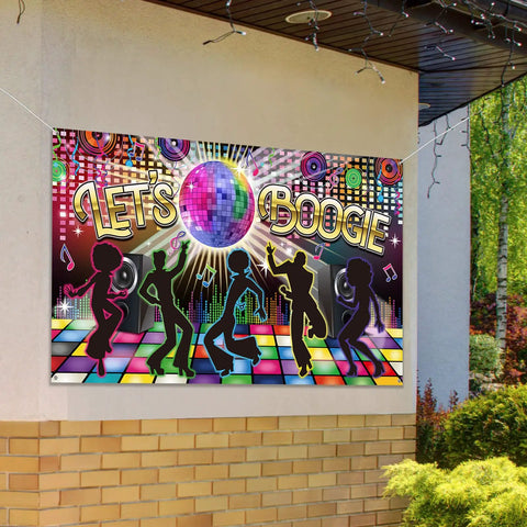 Disco Theme Photo Booth Backdrop Lets Boogie For 60s 70s 80s 90s Parties, Large Fabric Backdrop Banner, Neon Dancing Night Decor, Birthday Party Supplies, 72.8 X 43.3 Inches