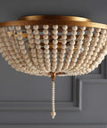 Allison 3 Light LED Flush Mount Ceiling Light With Wood Beaded Shade In Antique Gold Cream Perfect Bedroom Farmhouse Rustic Chic Decor Vibe LED Bulbs Included, viewed from below showing bead detail.