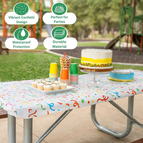 Two Pack Fitted Plastic Tablecloth With Elastic Edge No Slip Windproof Table Cover for Birthday Parties with confetti print
