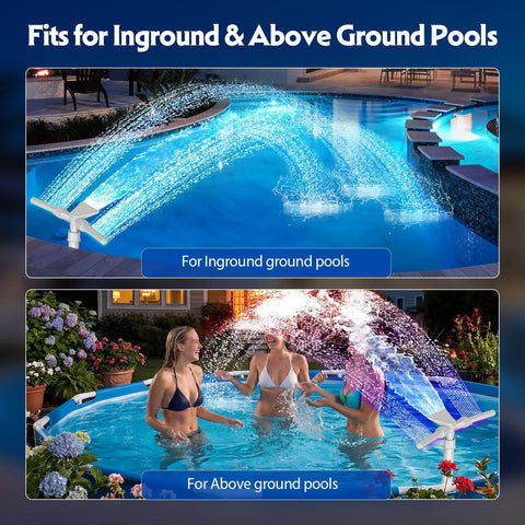 Solar Pool Fountain With 9 Color LED Lights And Dual Head Adjustable Waterfall, Auto On Off With Dusk To Dawn Sensor, Remote Control, Cools Water 10 To 20 Degrees F, Ideal For Above Ground Or Inground Pools, Party And Chill Vibes.