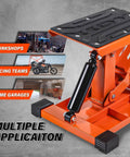 Beefy Heavy Duty Hydraulic Dirt Bike Lift Stand With Tool Trays 1000 Lbs Capacity Jack Stand For Dirt Bikes ATVs And Motorcycles Hoist Table For Dirt Pit Bike Repair And Maintenance with orange hydraulic lift and rubber platform.