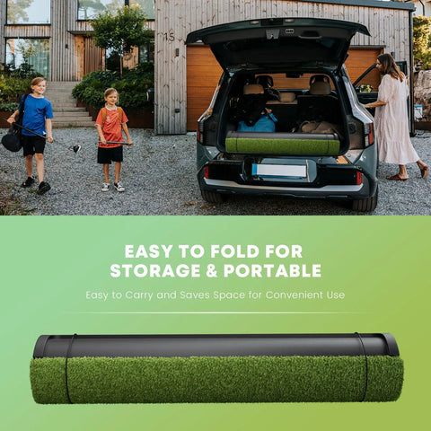 Integrated Golf Hitting Mat With Built In Ball Tray for Indoor and Outdoor Practice shown rolled up in car trunk