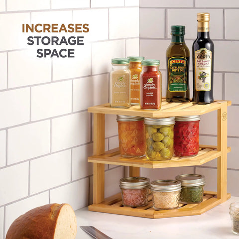 Total Kitchen Game Changer, Super Handy Bamboo Corner Shelf, 3 Tier Plate Rack, Easy Peasy Cabinet Organizer For Spices, Bowls, Mugs, And Snack Jars, Smart Space Saving Storage Solution displaying spices and sauces.