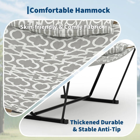 Close-up of fabric and side view of Two Person Hammock With Adjustable Steel Stand And Pillow For Easy Outdoor Lounging, Heavy Duty Portable Set, Handles Up To 450 Lbs, Perfect For Patio Garden Beach Backyard Camping And Chill Sessions