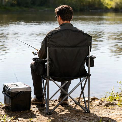 Person fishing by a river sitting on Heavy Duty Camping Chairs Two Pack With Fully Padded Seats Cooler Bag And Cup Holder