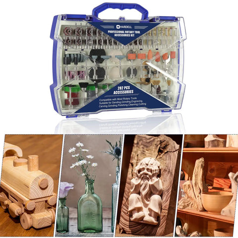 Do It All Rotary Tool Accessories Kit With 282 Pcs And One Eighth Inch Shank Bits in blue case with woodworking examples