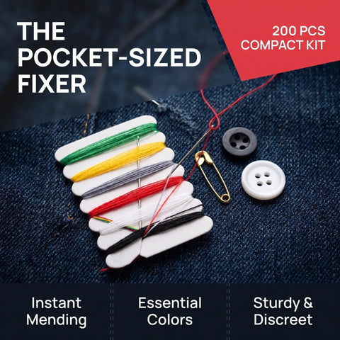 The Go-To 200 Piece Mini Travel Sewing Repair Kit That Slashes Tailor Bills While You Fix Snags On The Fly Without Breaking A Sweat Compact Pocket Gear For Campers Students And Travelers with assorted threads and buttons on denim.