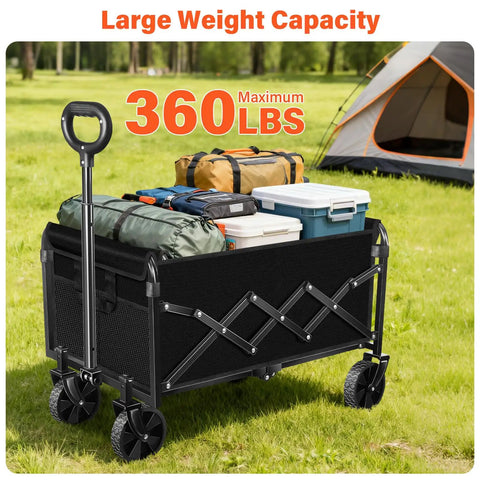 Foldable Utility Wagon With Wheels For Groceries And Camping, Heavy Duty Folding Cart loaded with camping gear on grass