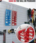 Pegboard-mounted 62-piece nut and bolt thread gauge set with blue and red panels for standard and metric gauges.