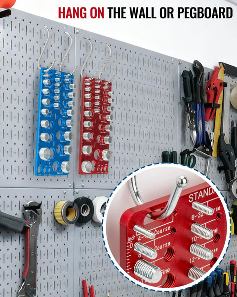 Pegboard-mounted 62-piece nut and bolt thread gauge set with blue and red panels for standard and metric gauges.