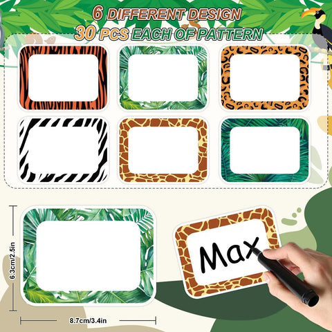 180 Pcs Animal Print Name Tag Stickers Self Adhesive Leopard Safari Labels For Back To School Classroom Desk 3.4 X 2.5 Inch