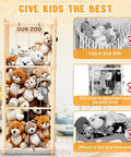 Stuffed Animals Storage Organizer For Kids Rooms Wooden Zoo Toy Holder for toddlers with plush toys visible inside.