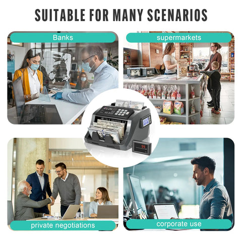 Cash Counting Machine With Bank Grade Counterfeit Detection UV MG IR DD in use at banks and supermarkets