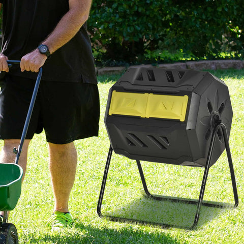 Dual Chamber Tumbling Compost Bin For Outdoors With 360 Degree Rotation 43 Gallon Capacity Yellow Backyard Composting