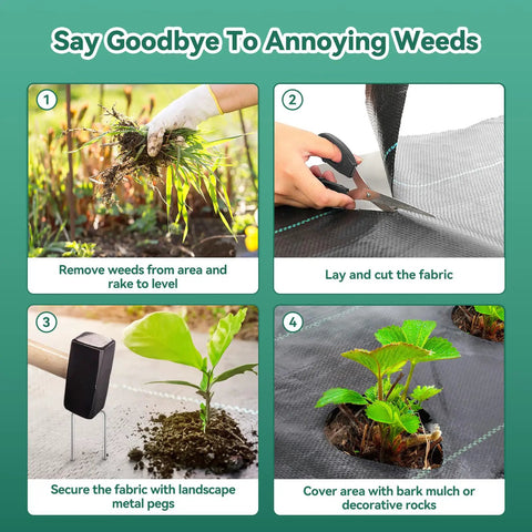 Four-step process for using Heavy Duty 3.2Oz Weed Barrier Landscape Fabric 3Ft By 180Ft Woven Geotextile Weed Blocker in gardens.