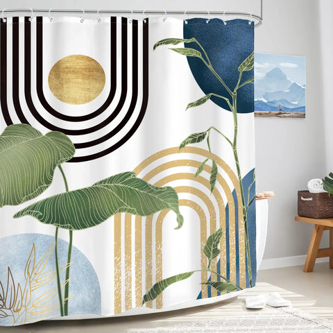 Navy Blue Boho Shower Curtain With Abstract Light Blue Tropical Plant Pattern Mid Century Modern Minimalist Bathroom Decor 60x72 Inches Water Resistant Polyester Includes 12 Metal Buttonholes And 12 Plastic Hooks