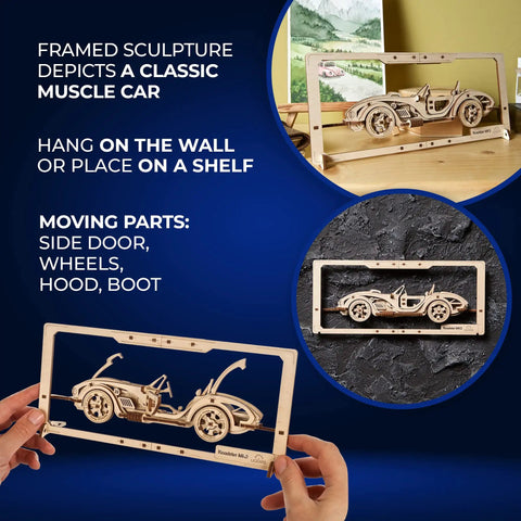 Roadster 2.5D Wooden Puzzle Kit With Movable Parts Frame For Wall Display And Hands On Adult Build Dope Classic Muscle Car Style