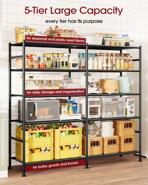 Massive 5 Tier Heavy Duty Garage Storage Shelves With a 59.1 by 15.7 by 69.2 Inch Frame Ultra Sturdy Steel Rack for Tools Equipment and Bulk Gear Easy Assembly Black Finish Big Capacity and Flexible Tier Spacing