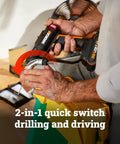 Close-up of 20 Volt Cordless Brushless Drill And Driver Kit for quick switching between drilling and driving.