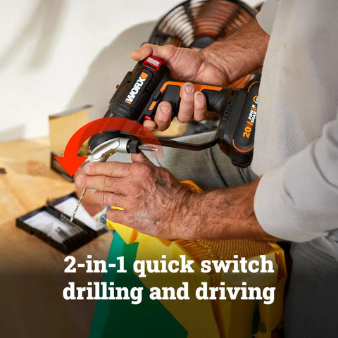 Close-up of 20 Volt Cordless Brushless Drill And Driver Kit for quick switching between drilling and driving.