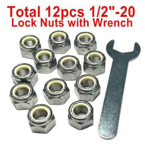 Beefed Up 1/2-20 Stainless Nylon Insert Lock Nuts 304 Stainless Steel Inch Thread 12 Pack with wrench shown