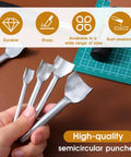 Hand holding semi-circular punches from 15 Piece Leather Corner Punch Set With Double Sided Rubber Hammer Half Round And Quarter Round Punches