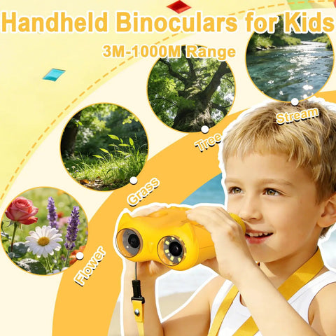 2 In 1 Pocket Microscope And Binoculars For Kids 1000X Digital Microscope With 2 Inch IPS Screen USB Rechargeable STEM Toy showing boy using yellow handheld binoculars