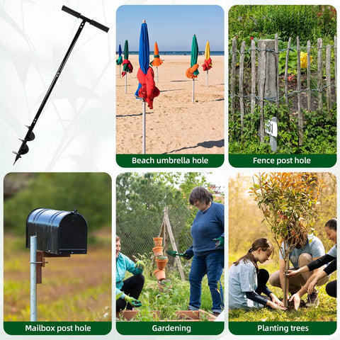 Two In One Hand Drill Auger Post Hole Digger For Planting And Digging with T Bar Handle, multiple uses including gardening and post holes.