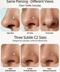 9 Piece Titanium Black Nose Studs Set with L Shaped Straight and Corkscrew Designs for Sensitive Skin Includes 20G Surgical Grade G23 Titanium Nostril Rings Featuring Sparkling Diamond CZ showcased in different views on nose.