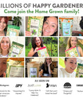Collage of smiling gardeners holding Home Grown seed packets with cat, promotional text about happy gardeners and featured logos.