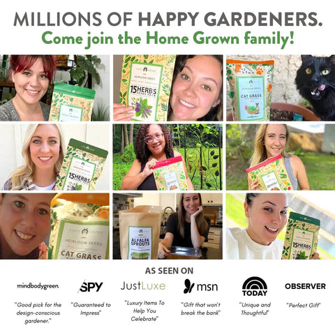 Collage of smiling gardeners holding Home Grown seed packets with cat, promotional text about happy gardeners and featured logos.