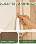 Dual layer design of Inflatable Family Camping Tent With Instant Setup, featuring privacy curtains and mesh doors for ventilation.