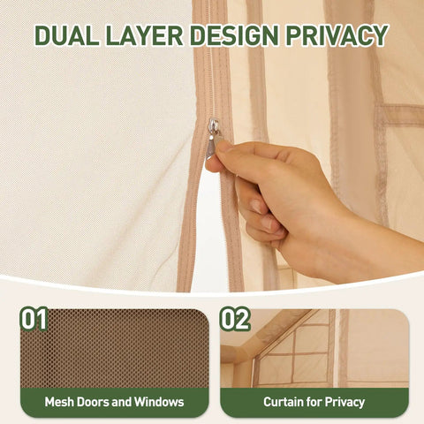 Dual layer design of Inflatable Family Camping Tent With Instant Setup, featuring privacy curtains and mesh doors for ventilation.