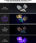 Comparison of rocks under normal light, DARKBEAM B40 pro max UV 365NM, UV 365NM ordinary, and UV 395NM lighting conditions.