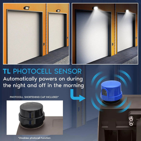 Top Shelf Outdoor LED Flood Lights 200W To 300W Adjustable Wattage shown with TL photocell sensor for automatic lighting.