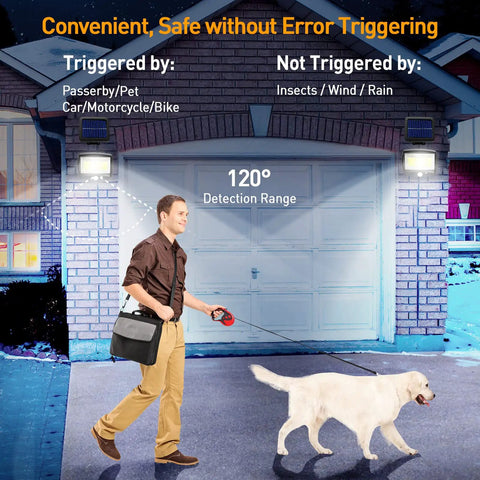 Man with dog walking past house with Solar Outdoor Flood Lights 2 Pack Waterproof LED With Motion Sensor Dusk To Dawn above garage.