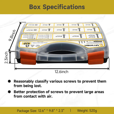 Box specifications for 830 Piece Metric Bolt Kit With M6 M8 M10 Flange Hex Head Screws M6x1.0 M8x1.25 M10x1.5 304 Stainless Steel