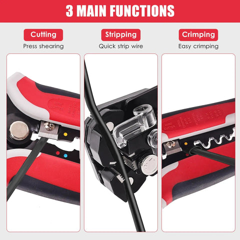 Self Adjusting Wire Strippers 3 In 1 Stripper Cutter Crimp Tool For 10 To 24 AWG highlighting cutting, stripping, crimping functions