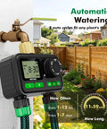 Two Zone Sprinkler Timer For Outdoor Hose Faucet With Brass Inlet And Large Dial shown attached to garden hose