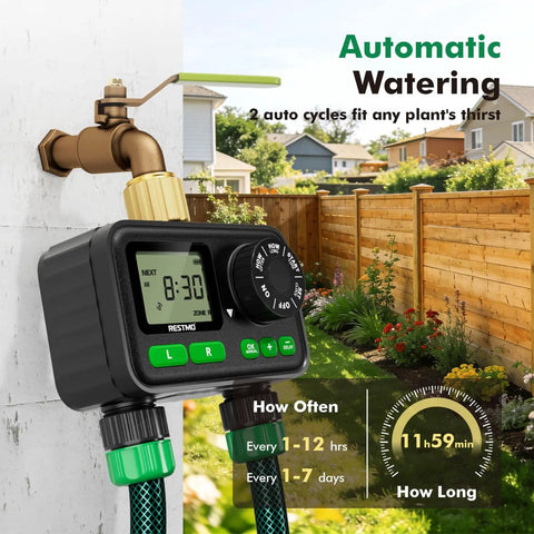 Two Zone Sprinkler Timer For Outdoor Hose Faucet With Brass Inlet And Large Dial shown attached to garden hose