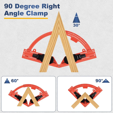 Two Pack Right Angle Corner Clamps 30 to 90 Degree Adjustable ABS Plastic for DIY woodworking, showing 30, 60, and 90-degree angles