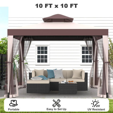 10x10 Outdoor Canopy Tent With UV Resistant Waterproof Top 2 Tier Vent Sturdy Patio Shelter With Removable Netting Ideal For Camping Backyard Parties Garden Grilling Beige And White