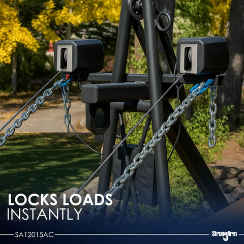 Dutton-Lainson StrongArm Sa12015ac Electric Trailer Winch 2700 Lb Capacity locks loads with heavy duty chain and cable mechanism.