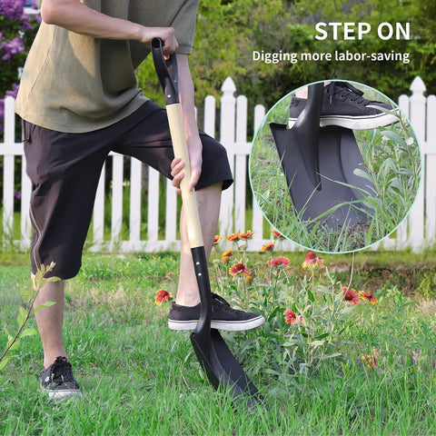 Person using 41 Inch Square Shovel With D-Handle For Easy Digging And Snow Clearing in garden, demonstrating step-on feature