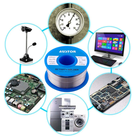 63-37 Tin Lead Rosin Core Solder Wire For Electrical Soldering with images of electronics and appliances in background