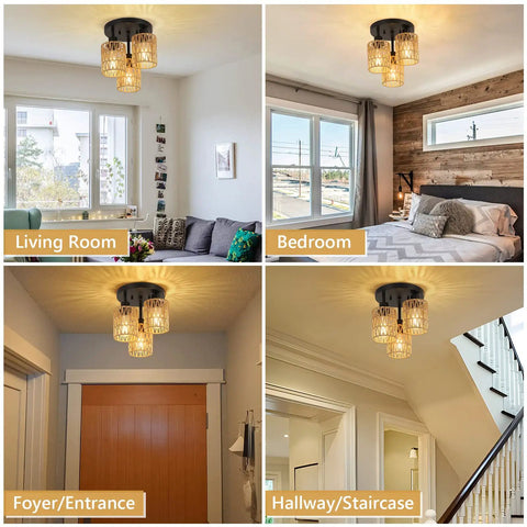 Three Light Boho Rattan Ceiling Fixture With Hand Woven Cage Shade in living room, bedroom, foyer, and hallway settings.