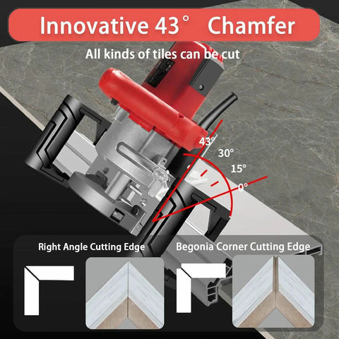 Heavy Duty Electric Tile Bevel Cutter With 43 Degree Chamfer Angle displaying 43° angle settings for precise tile cutting.