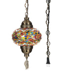 Turkish Mosaic Plug In Swag Pendant Light With 6.5 Inch Globe Large Hanging Ceiling Lamp Dope Boho Moroccan Vibe 15 Foot Cord And Chain US And Canada Plug Handmade Mosaic Glass Decor Mediterranean Style Lighting