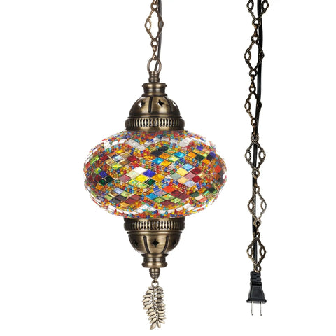 Turkish Mosaic Plug In Swag Pendant Light With 6.5 Inch Globe Large Hanging Ceiling Lamp Dope Boho Moroccan Vibe 15 Foot Cord And Chain US And Canada Plug Handmade Mosaic Glass Decor Mediterranean Style Lighting