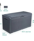 Huge 100 Gallon Outdoor Resin Deck Box With Lockable Lid For Patio Furniture Cushions Garden Tools And Pool Supplies Waterproof Weatherproof Storage With Large Capacity Dark Grey showing dimensions